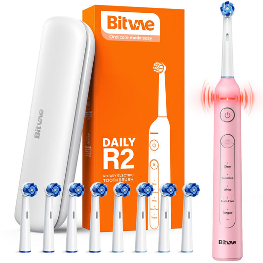 Bitvae R2 Rotating Electric Toothbrush with 8 Brush Heads 5 Modes for Adults Rechargeable Power Toothbrush with Pressure Sensor