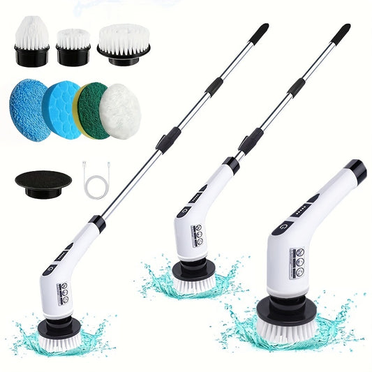 1 Set, Electric Spin Scrubber With 7 Replaceable Brush Head, Power Cordless Electric Cleaning Brush With Adjustable Long Handle, Rechargeable Shower Scrubber, For Bathroom, Kitchen, Bathtub, Tile, Shower, Car, Cleaning Supplies