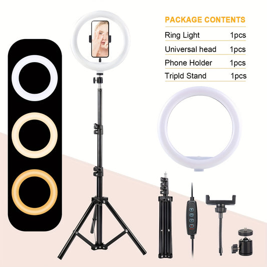 10" Ring Light With 43" Extendable Tripod Stands And Phone Holder, Dimmable LED Circle Round Light
